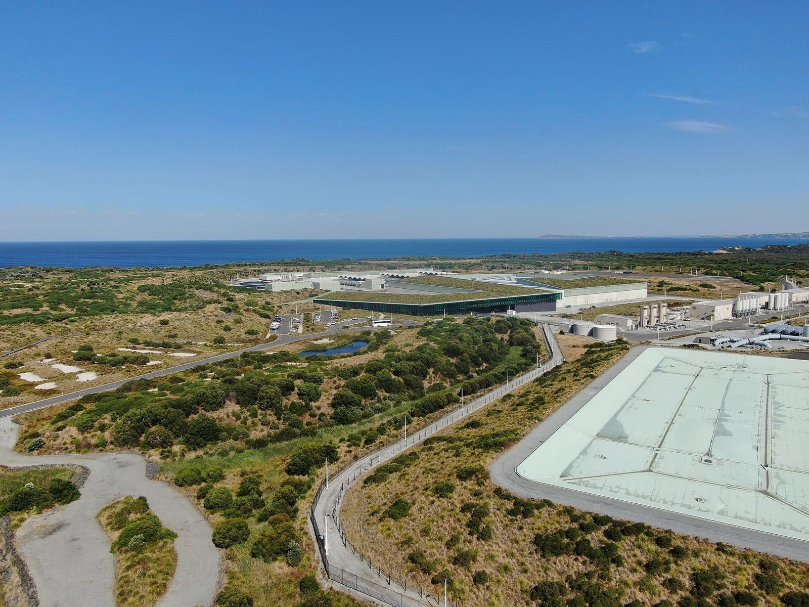 Coastal desalination plant seen from above