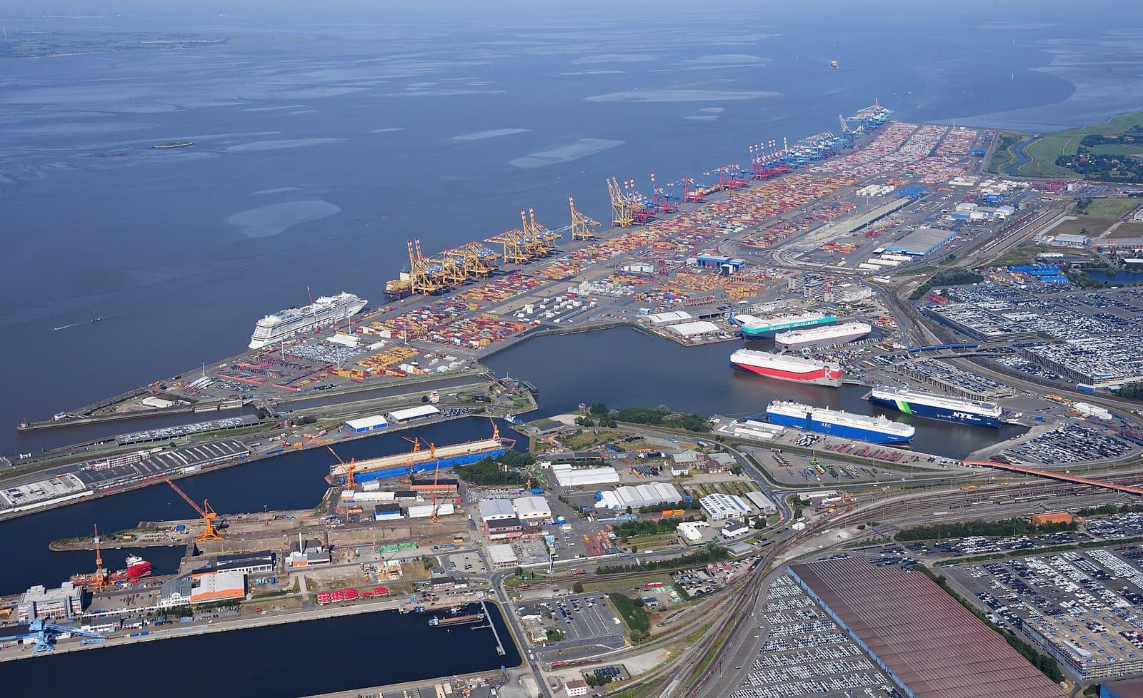 Aerial view of a container port terminal